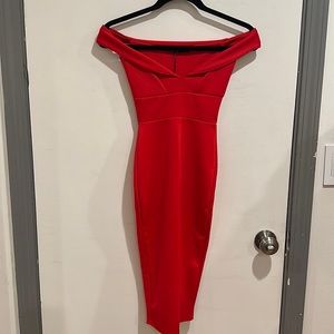 Red off shoulder midi dress